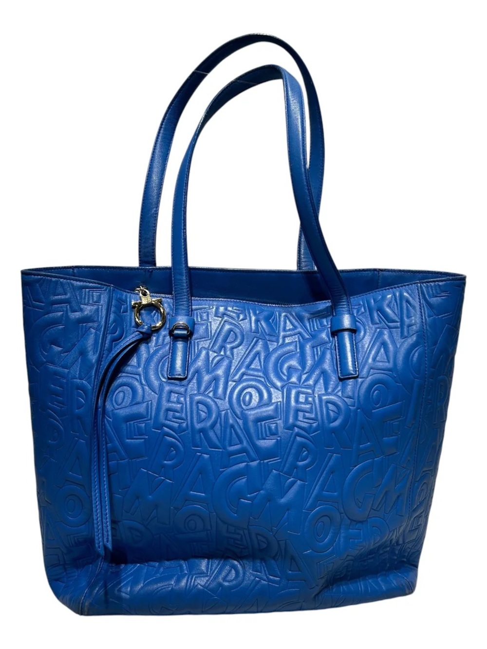 Salvatore Ferragamo Embossed Cobalt Blue Leather Tote
